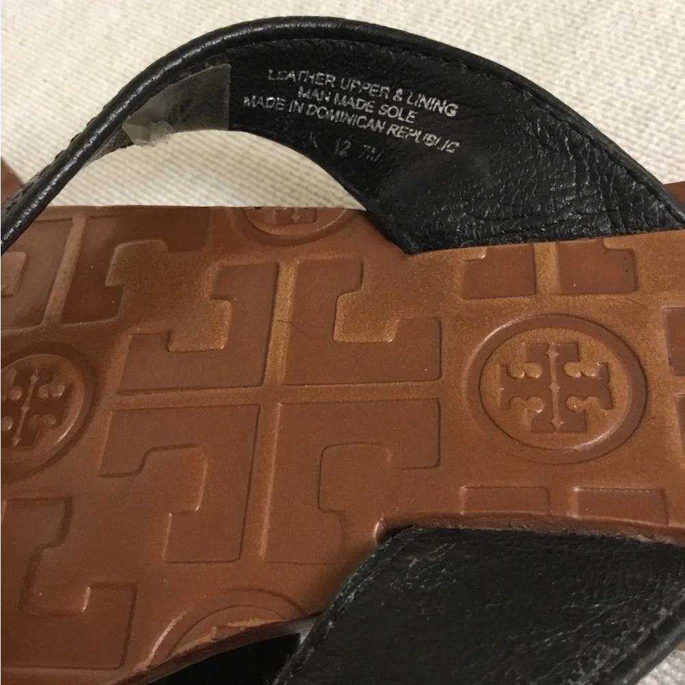 Tory Burch Thora Black Leather Logo Thong Sandals with Brown Sz.7